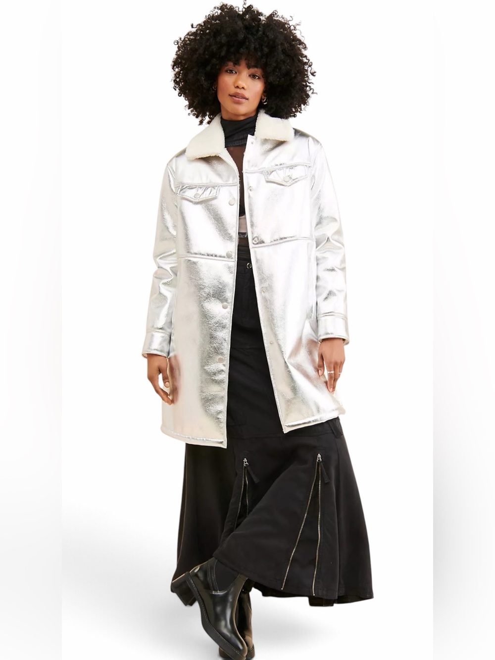 Anthropologie | Avec Les Filles – Sherpa Collar Metallic Long Coat Silver – Sz S
